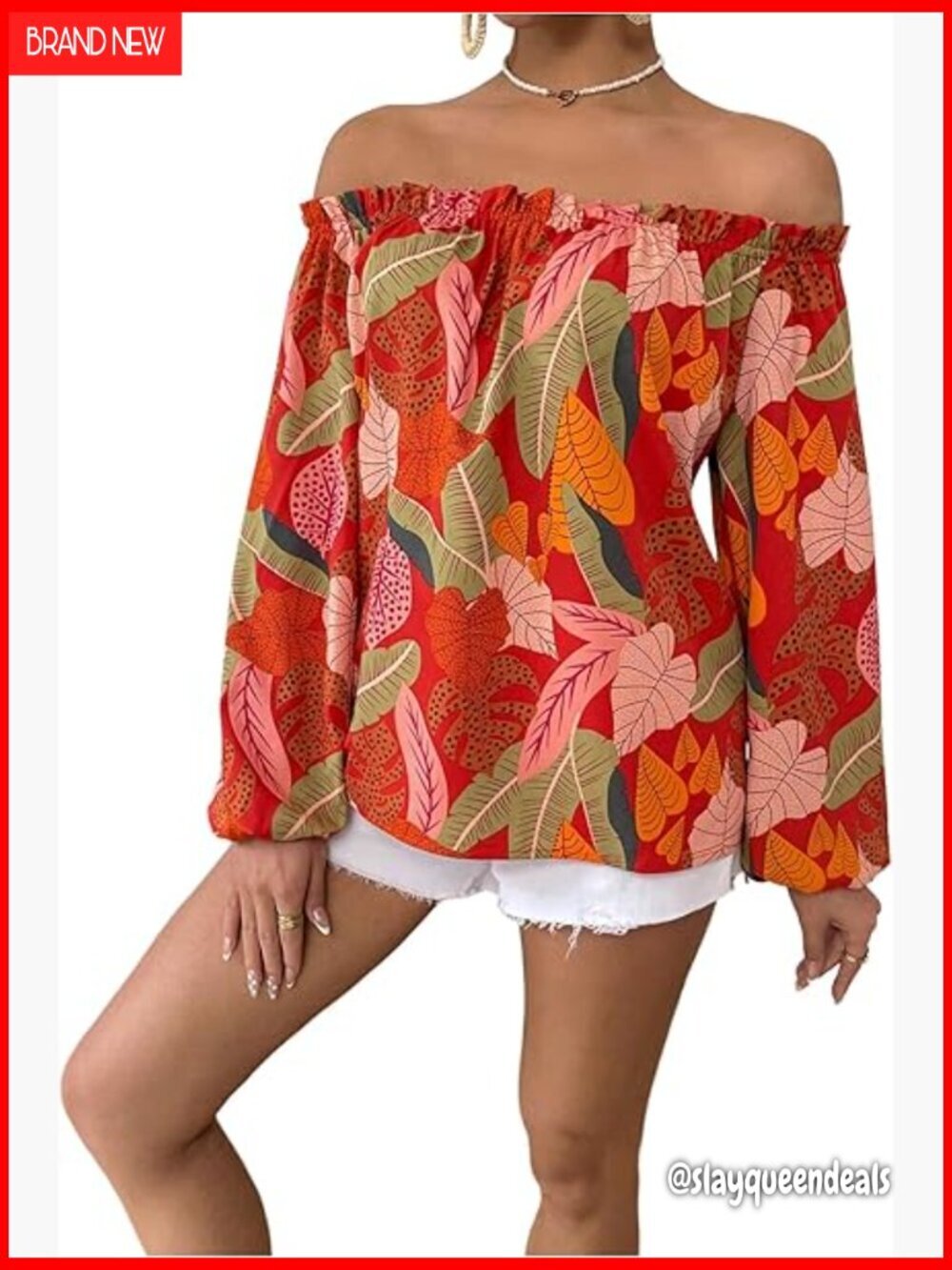 Off Shoulder Blouse Long Sleeve Frill Trim Floral Print Shirt Tops